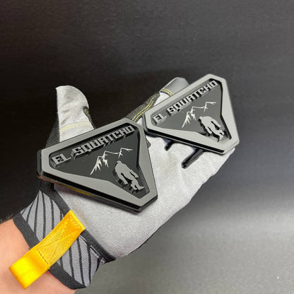 Black and silver EL SQUATCHO car badge fender emblem with Bigfoot design