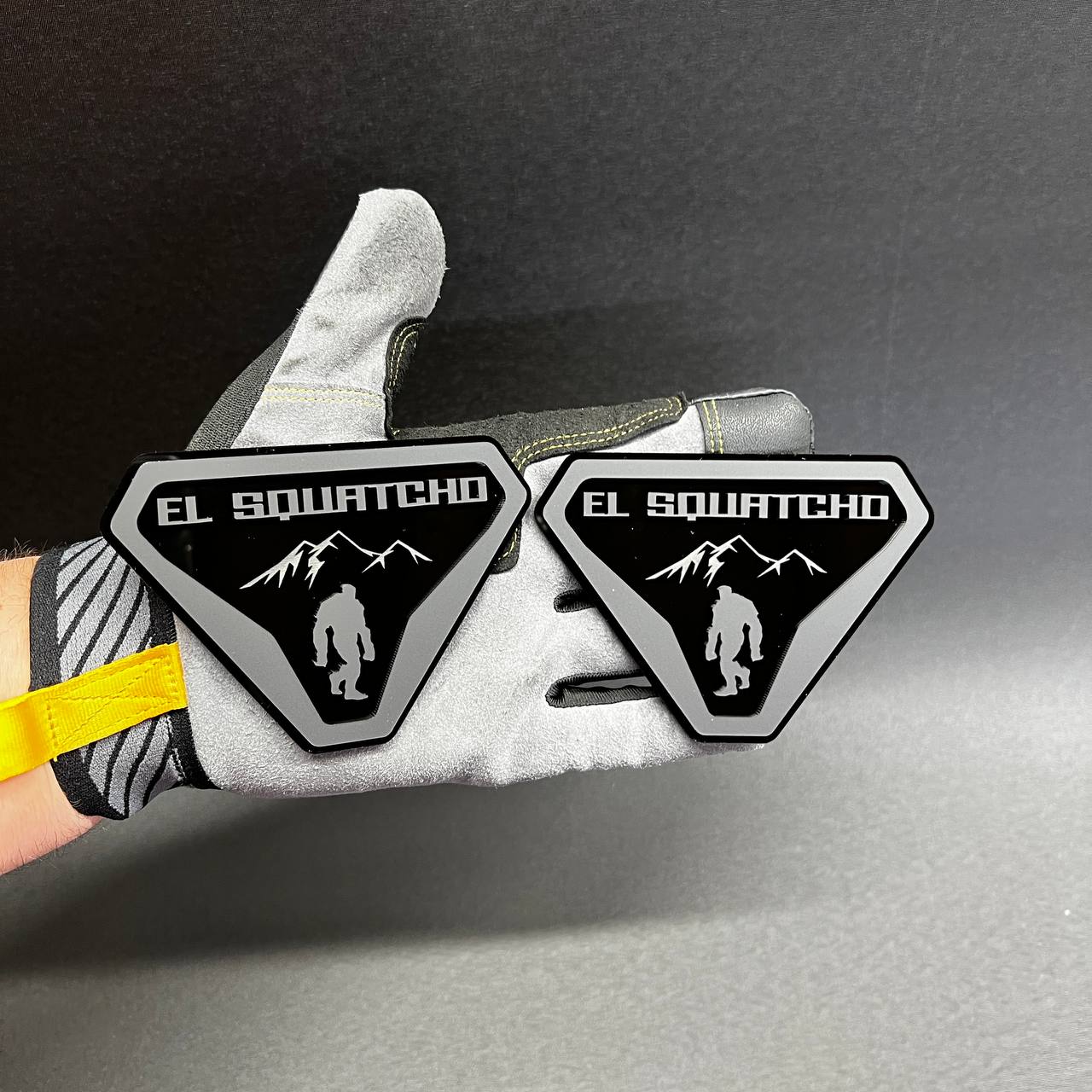 EL SQUATCHO engraved style car emblem set with Sasquatch and mountain graphic