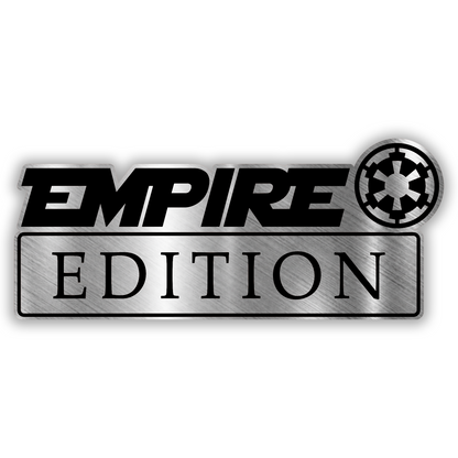 Empire Edition engraved car badge with brushed silver finish and black lettering