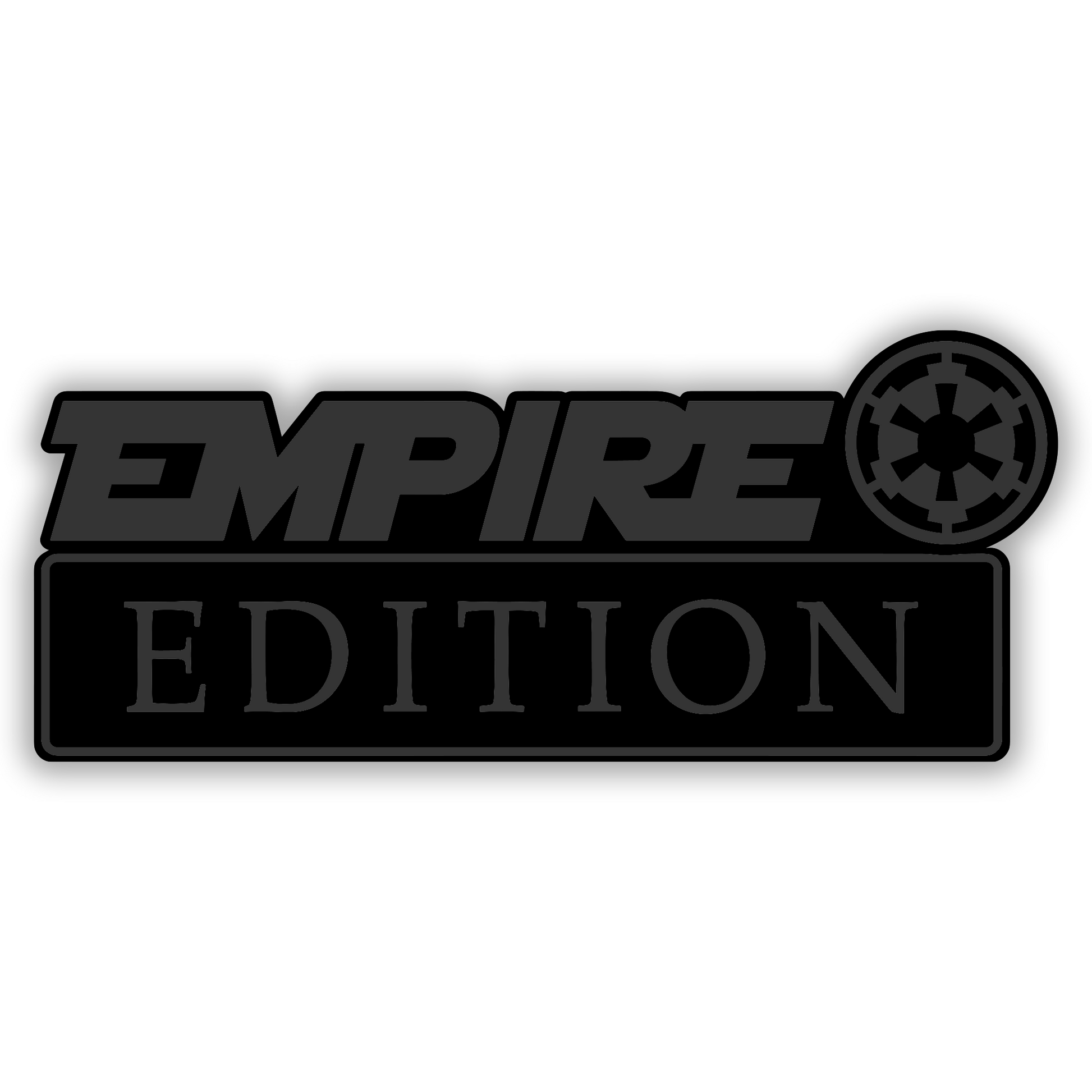Empire Edition exterior car badge with black engraving and silver background