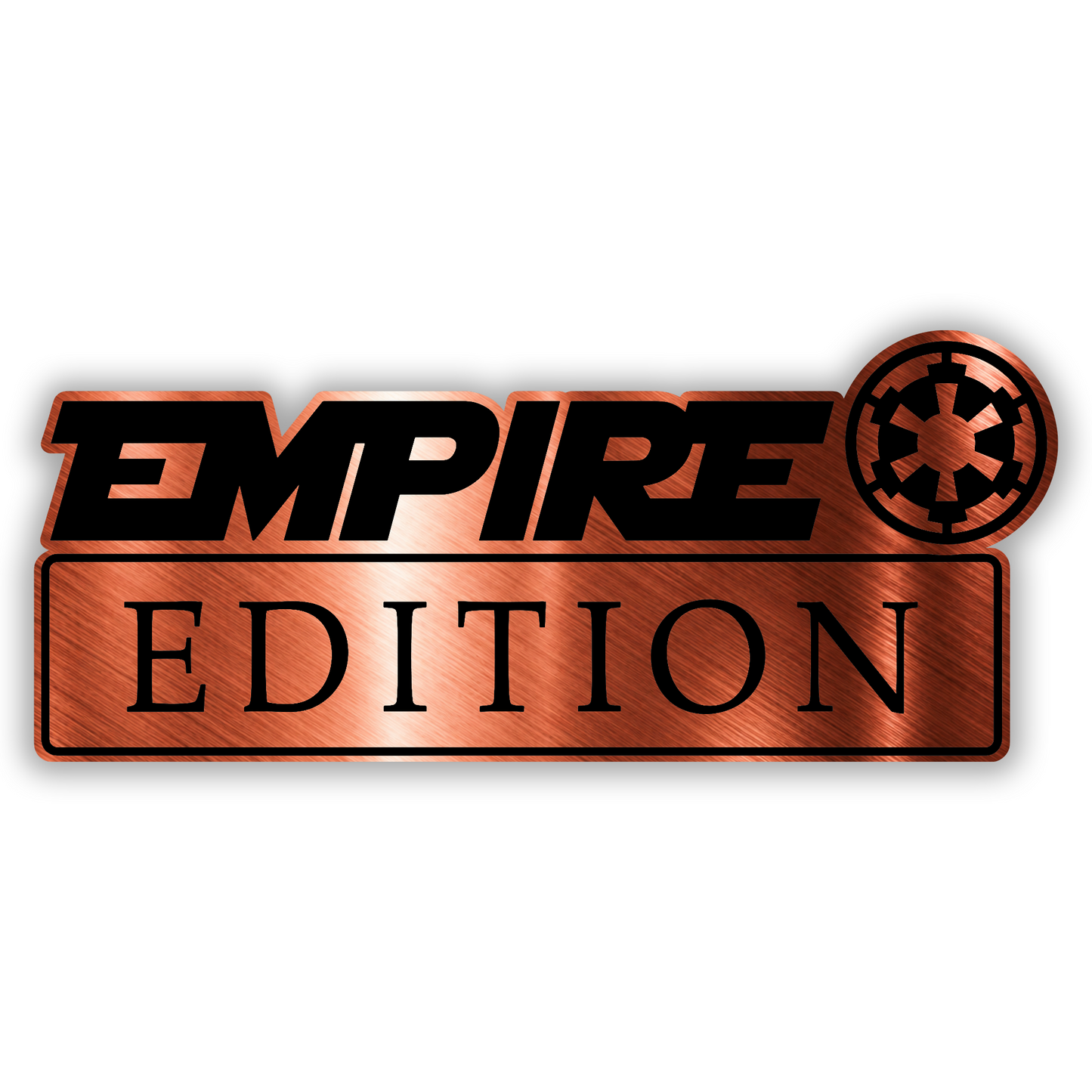 Empire Edition car emblem featuring engraved black details on brushed silver
