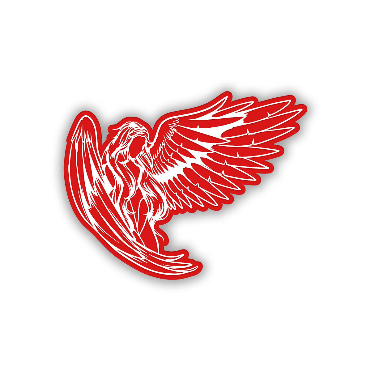 Angel engraved automotive badge decal with dramatic feathered wings