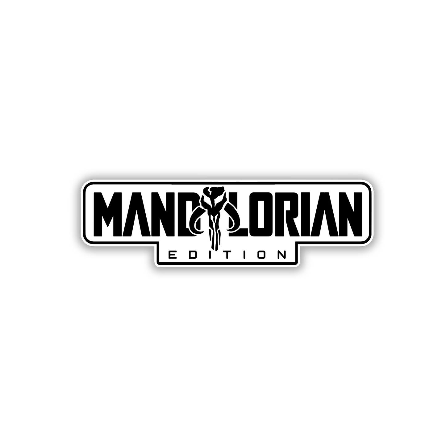 Mandalorian Edition truck badge with silver background and bold black text
