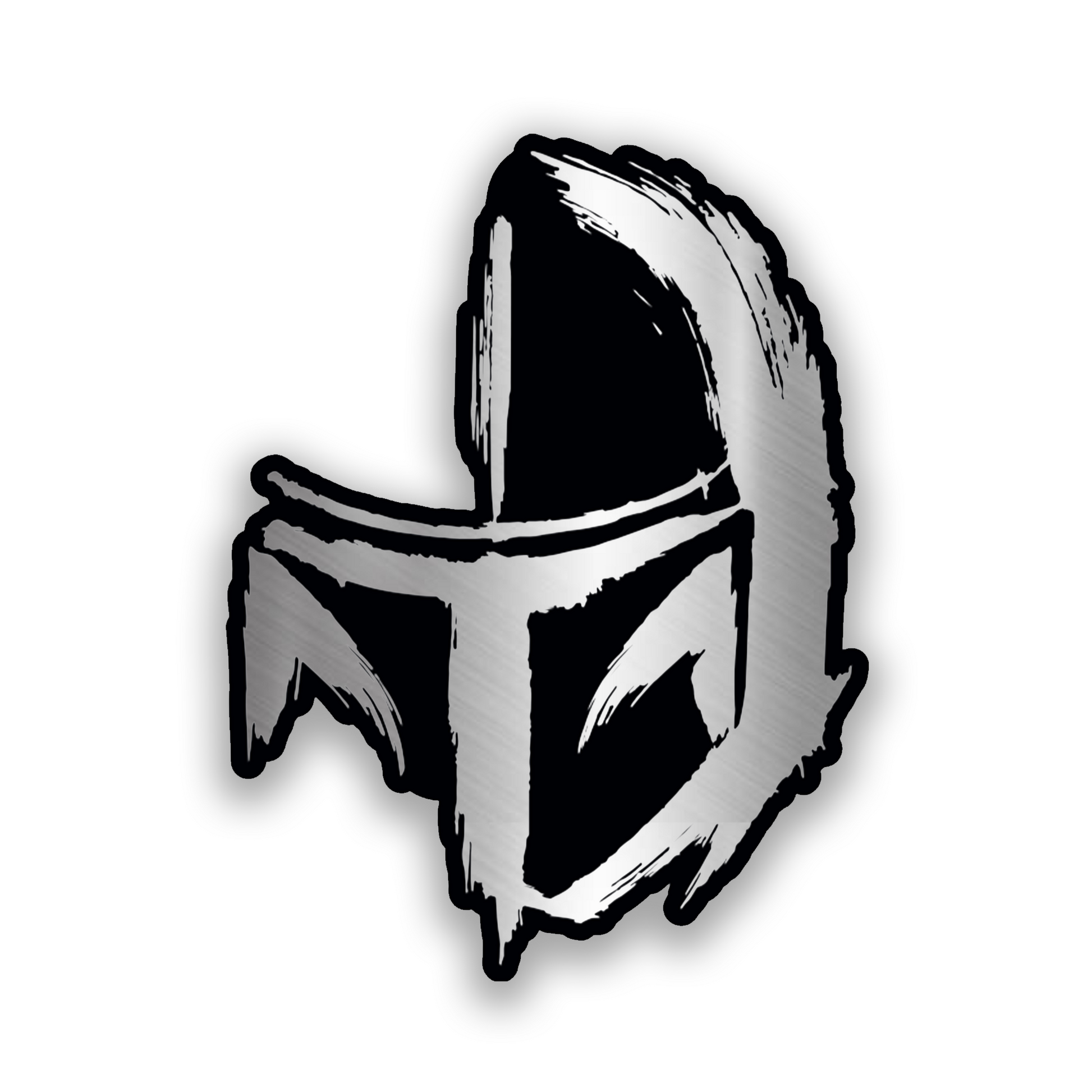 Engraved Mandalorian helmet car badge in brushed silver and black