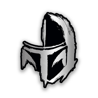 Engraved Mandalorian helmet car badge in brushed silver and black