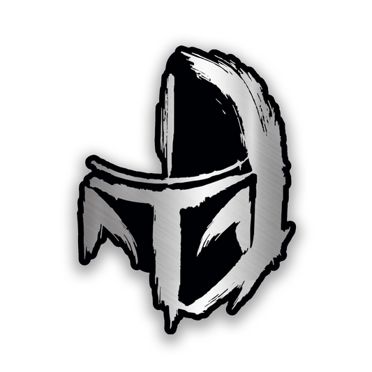 Engraved Mandalorian helmet car badge in brushed silver and black