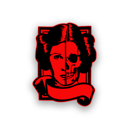 Star Wars inspired car badge with dramatic half human half skull engraved artwork