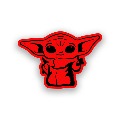 Engraved car badge with Baby Yoda inspired automotive artwork and large ear silhouette