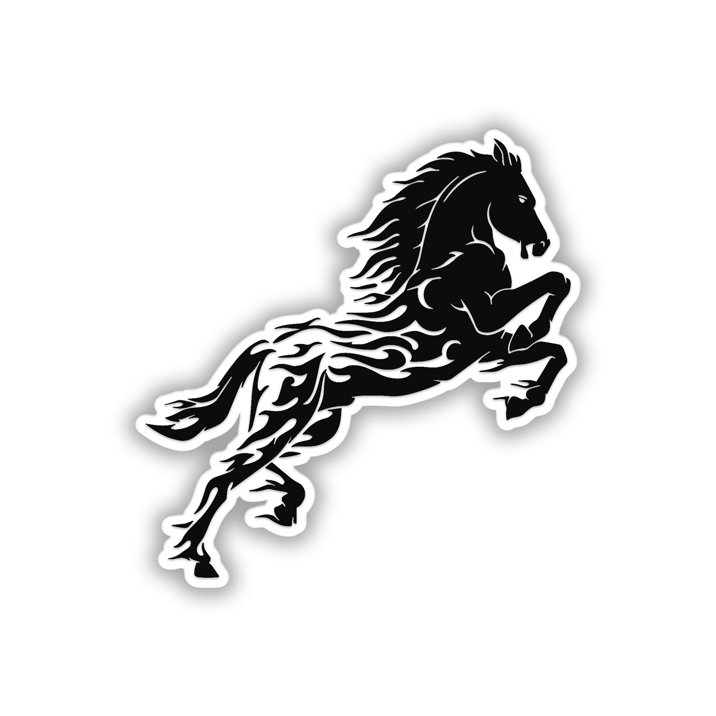 Black and silver Flaming Horse car badge with detailed engraved flame accents
