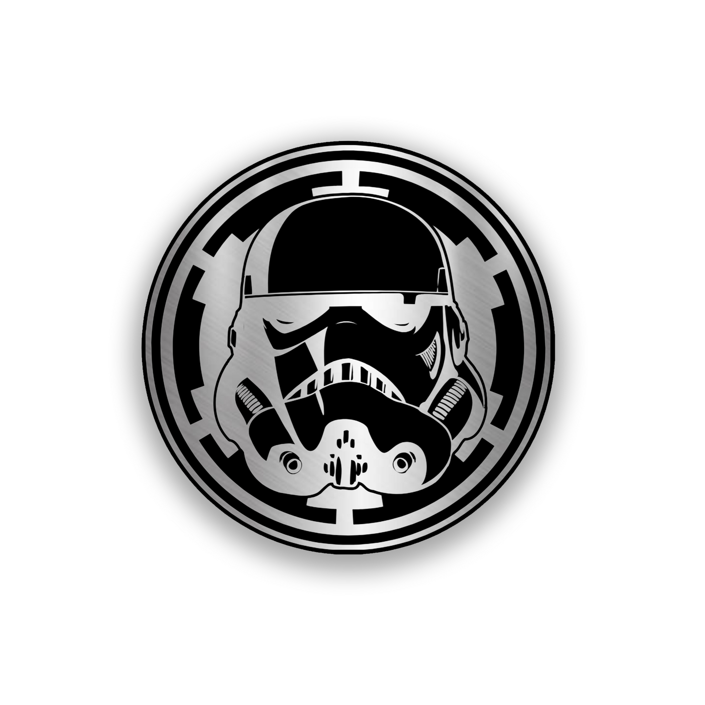 Circle Stormtrooper engraved car badge in black and gray finish