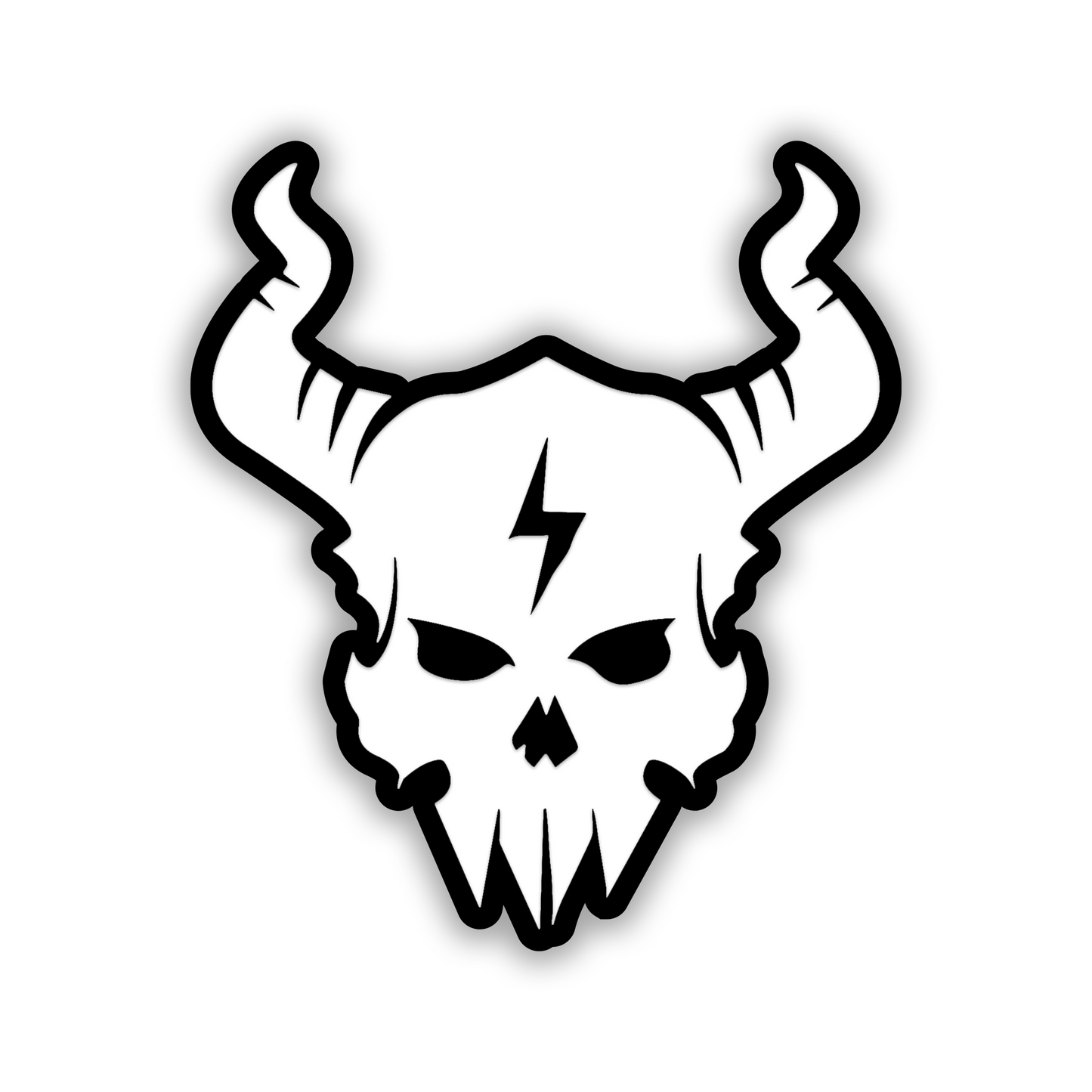 Horned skull car badge with engraved lightning bolt design for vehicle exterior