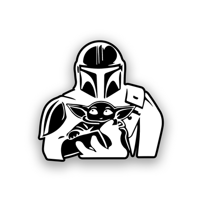 Engraved car badge with Mandalorian and Baby Yoda inspired automotive design