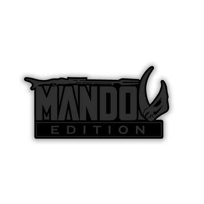 Brushed metal Mudhorn vehicle emblem with engraved black design