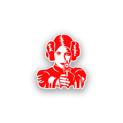Rebel princess inspired engraved car emblem with bold black and white sci fi artwork