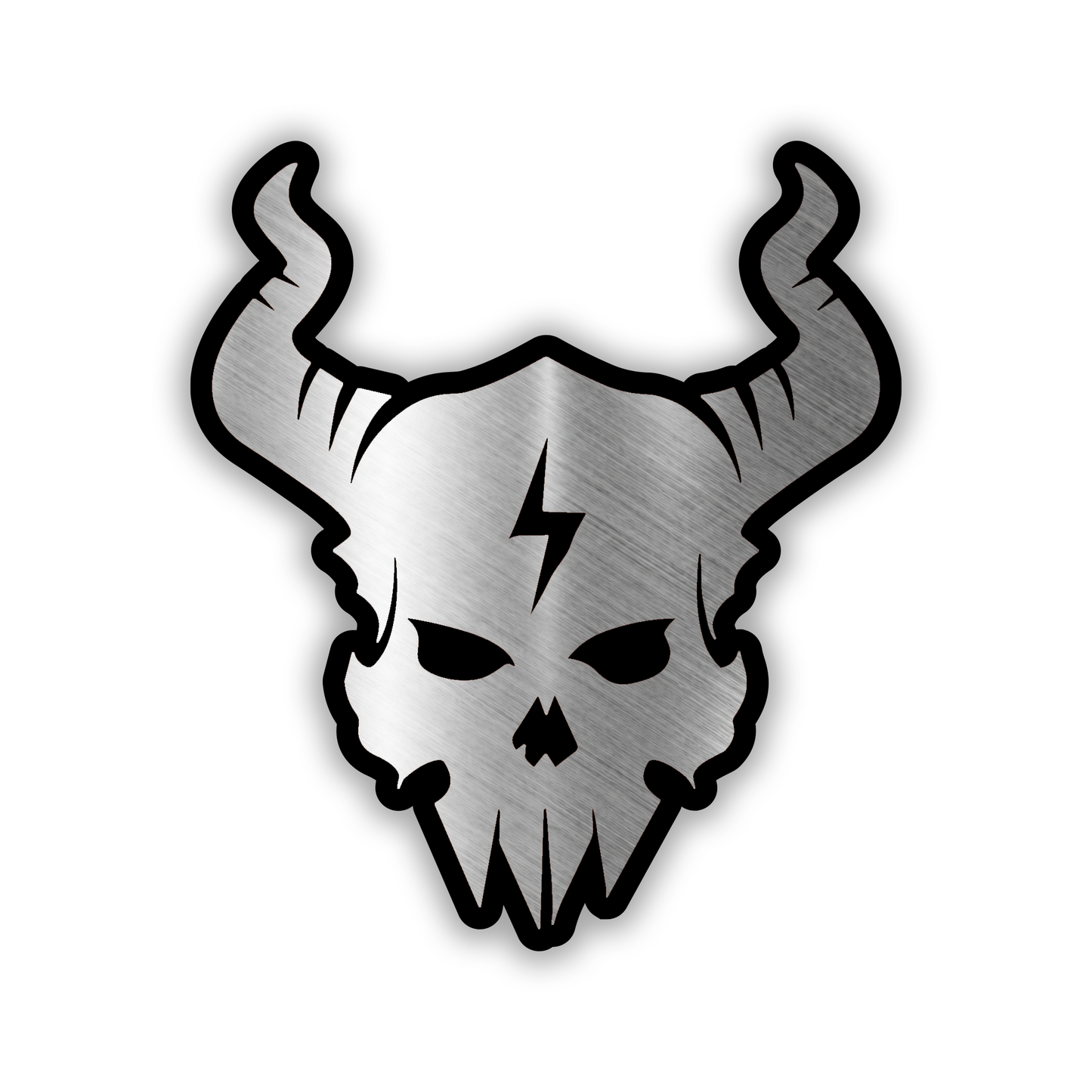 Engraved Lightbolt Skull car badge with horned skull and lightning bolt design