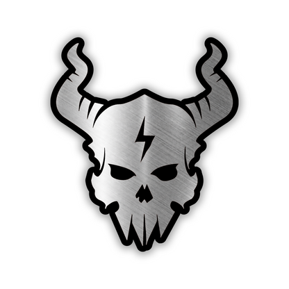 Engraved Lightbolt Skull car badge with horned skull and lightning bolt design