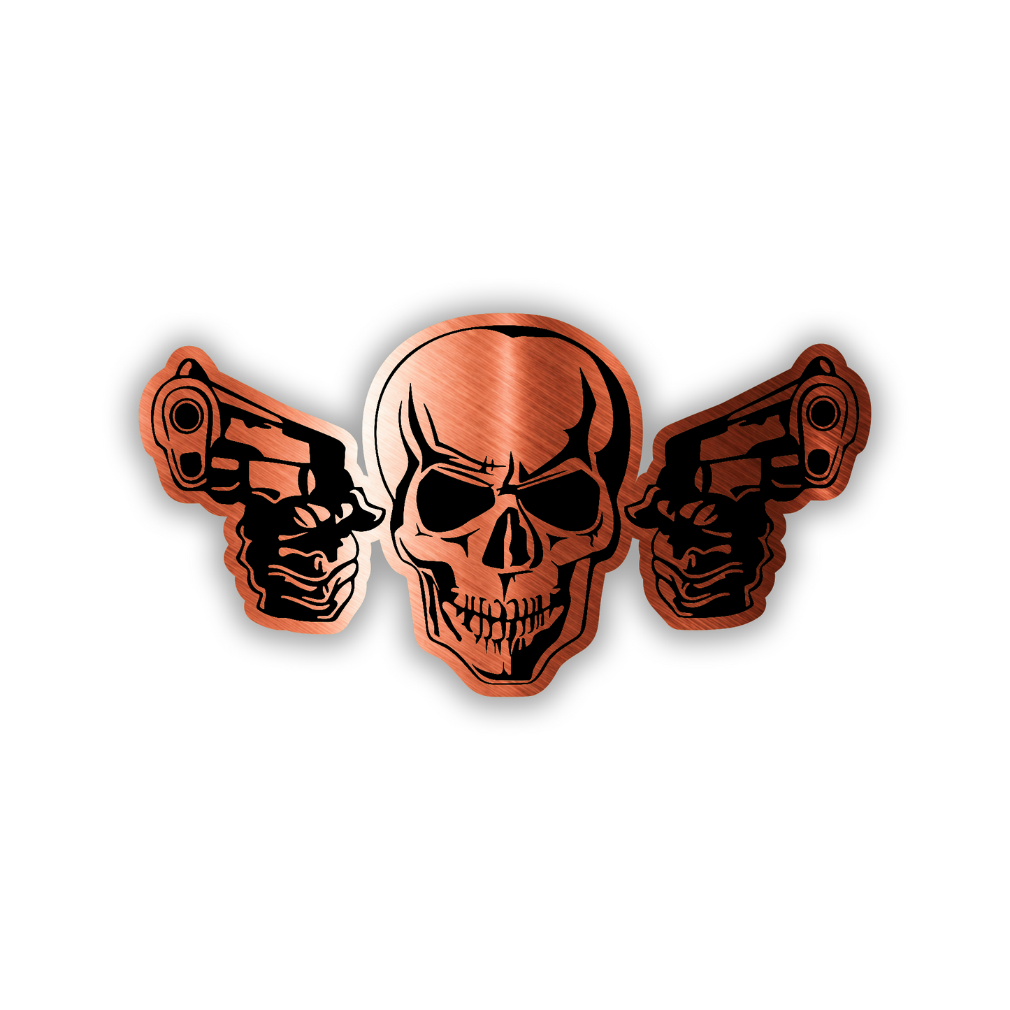 ARMED SKULL fender badge car accessory with detailed dual handgun graphic
