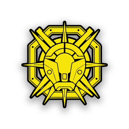 Engraved space fantasy car badge with futuristic geometric crest artwork