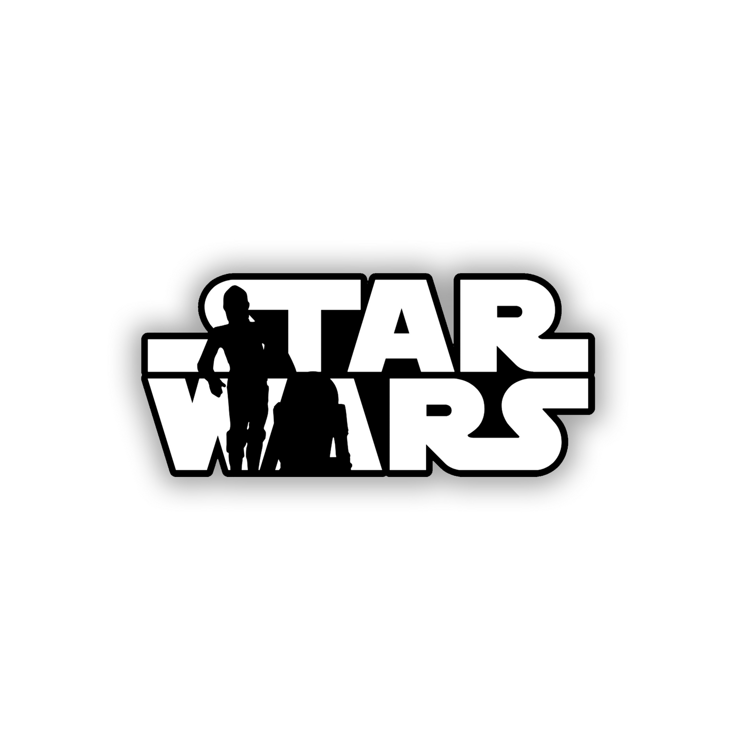 Engraved space saga car badge with character silhouettes