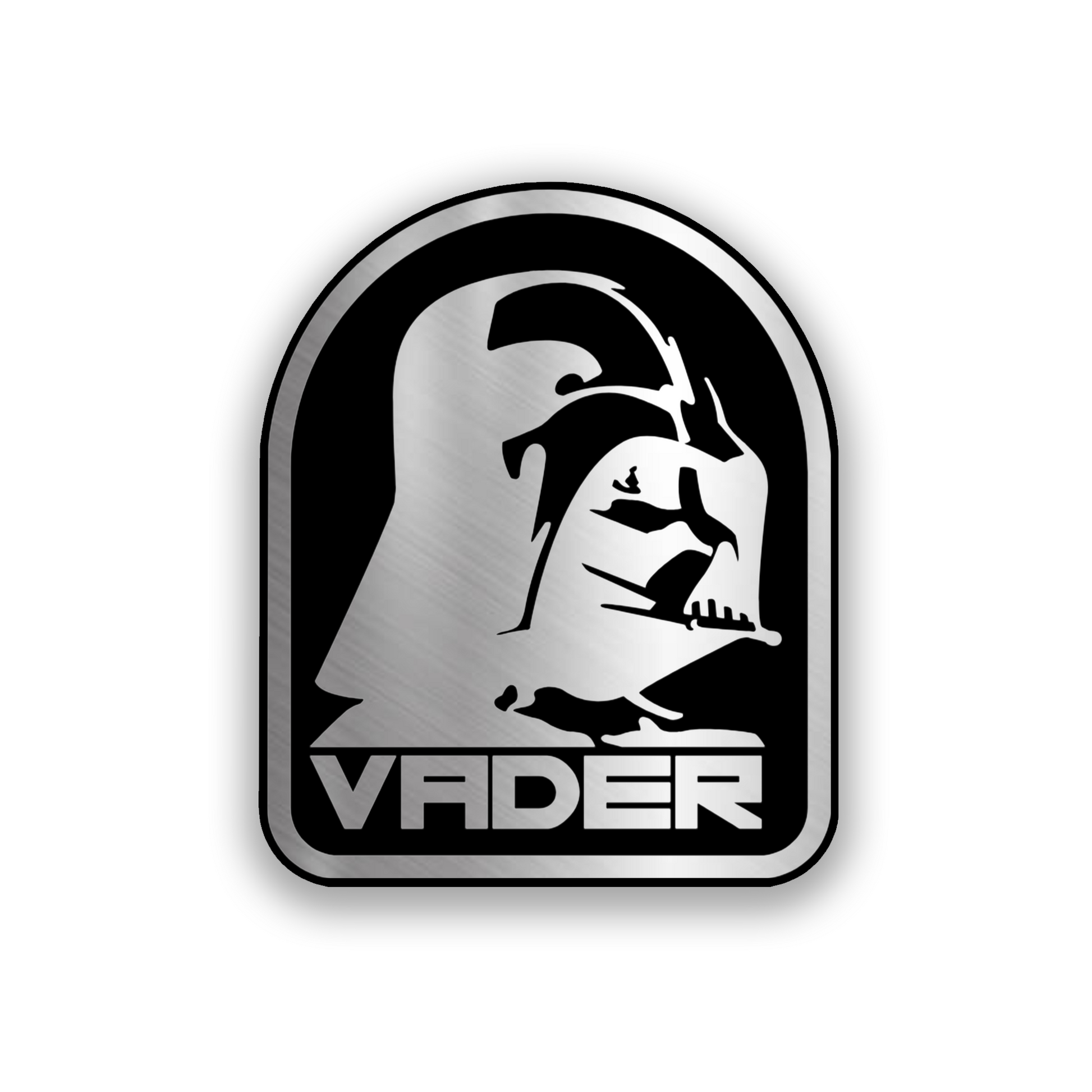Engraved Vader helmet car badge in brushed silver and black