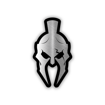 Engraved Spartan helmet car badge with brushed silver face and black outline