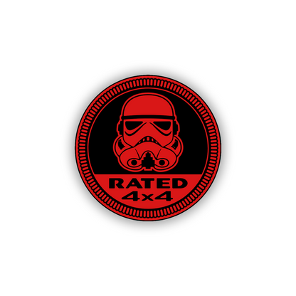 Custom engraved Rated 4x4 automotive emblem with adhesive backing