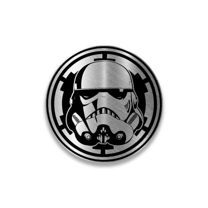 Circle Stormtrooper engraved car badge with silver and black helmet design