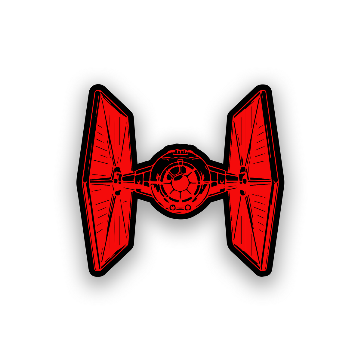 Engraved car badge with TIE fighter inspired space vehicle design
