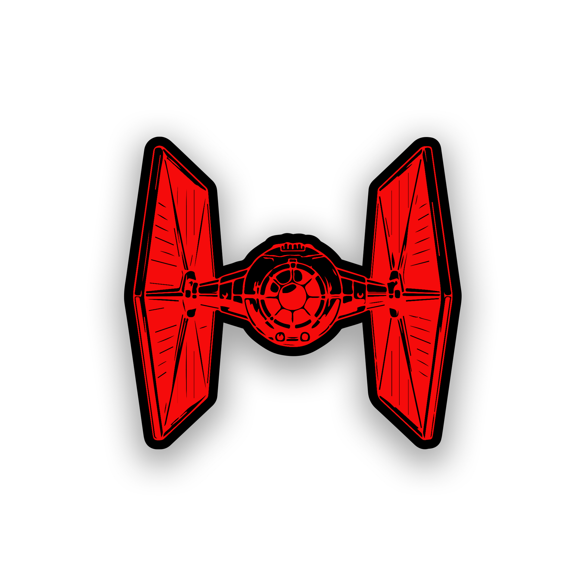 Engraved car badge with TIE fighter inspired space vehicle design