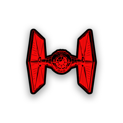 Engraved car badge with TIE fighter inspired space vehicle design