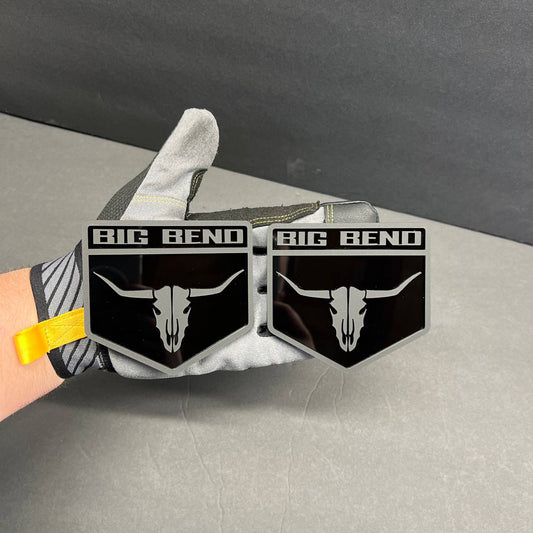 Big Bend Car Badge Fender Emblem with western longhorn skull design in black and silver.