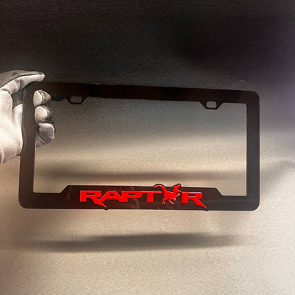 Raptor car license plate frame in glossy black with red logo design