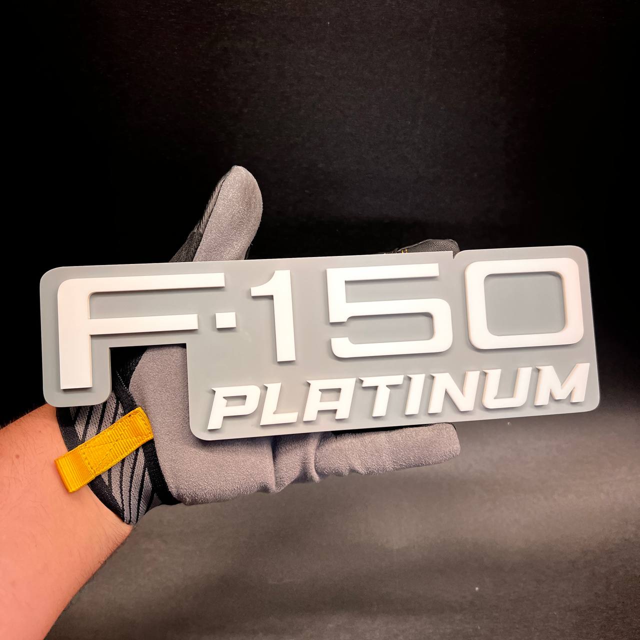F-150 PLATINUM tailgate or fender badge with gray backing and white text