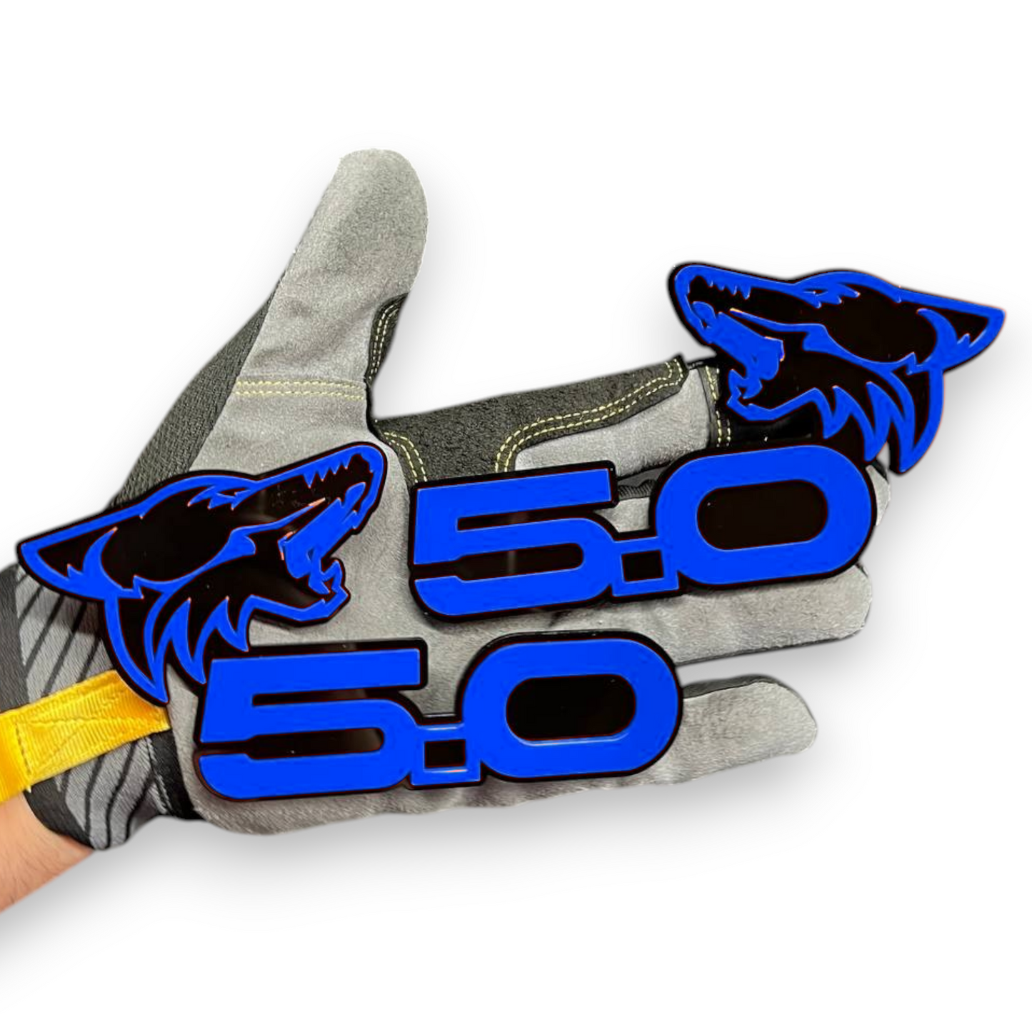 F150 5.0 engine badge with bold red finish