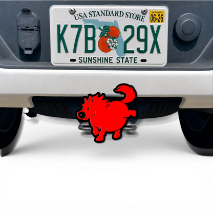 Red Fat Horse 3D hitch cover mounted on rear vehicle trailer receiver, funny cartoon truck accessory