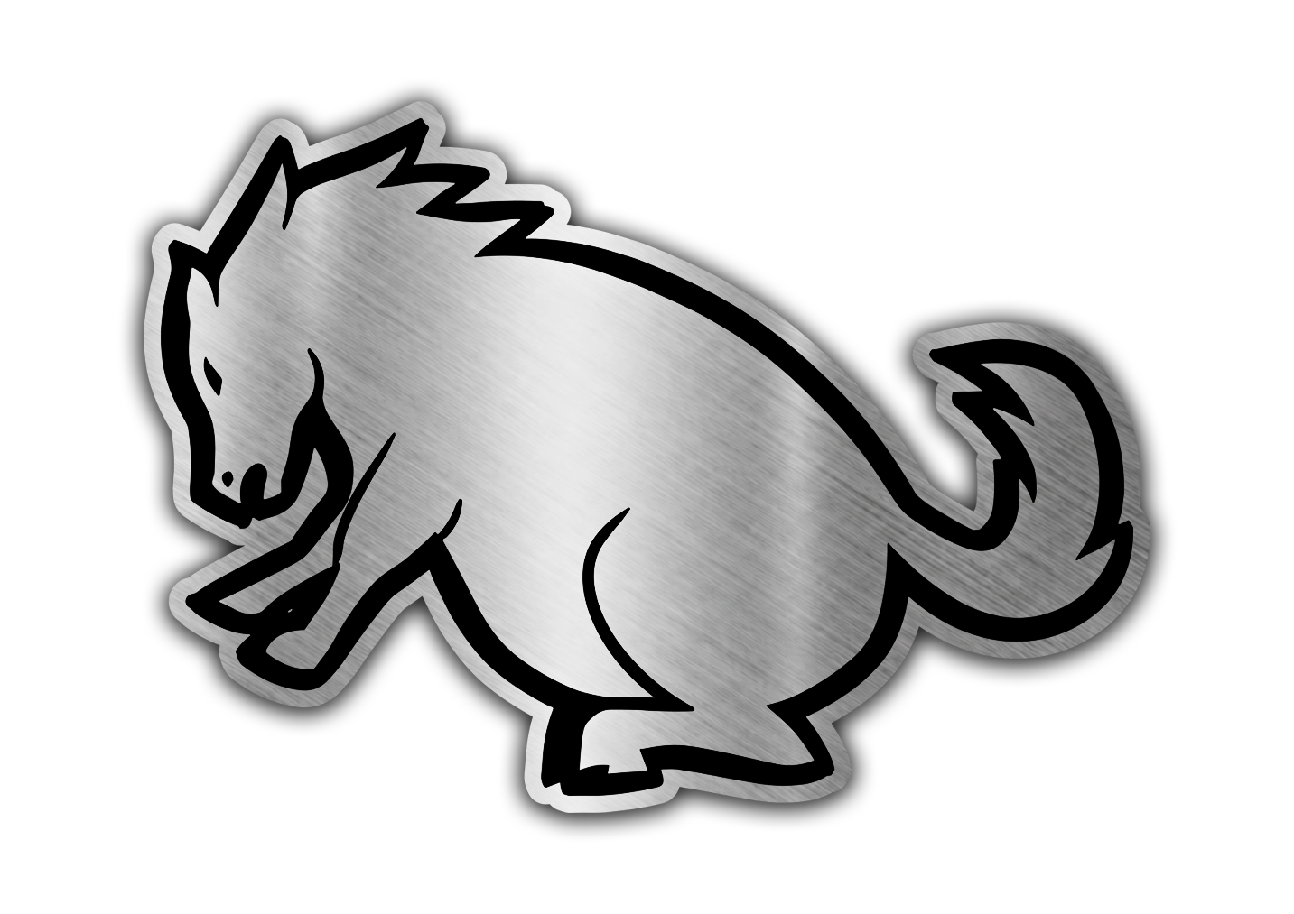 Fat horse engraved car badge with brushed silver finish and black cartoon outline