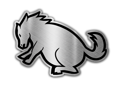 Fat horse engraved car badge with brushed silver finish and black cartoon outline