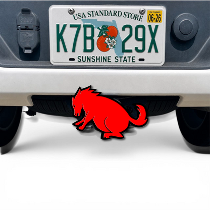 Red Fat Sitting Horse 3D hitch cover mounted on rear vehicle trailer receiver, funny cartoon truck accessory