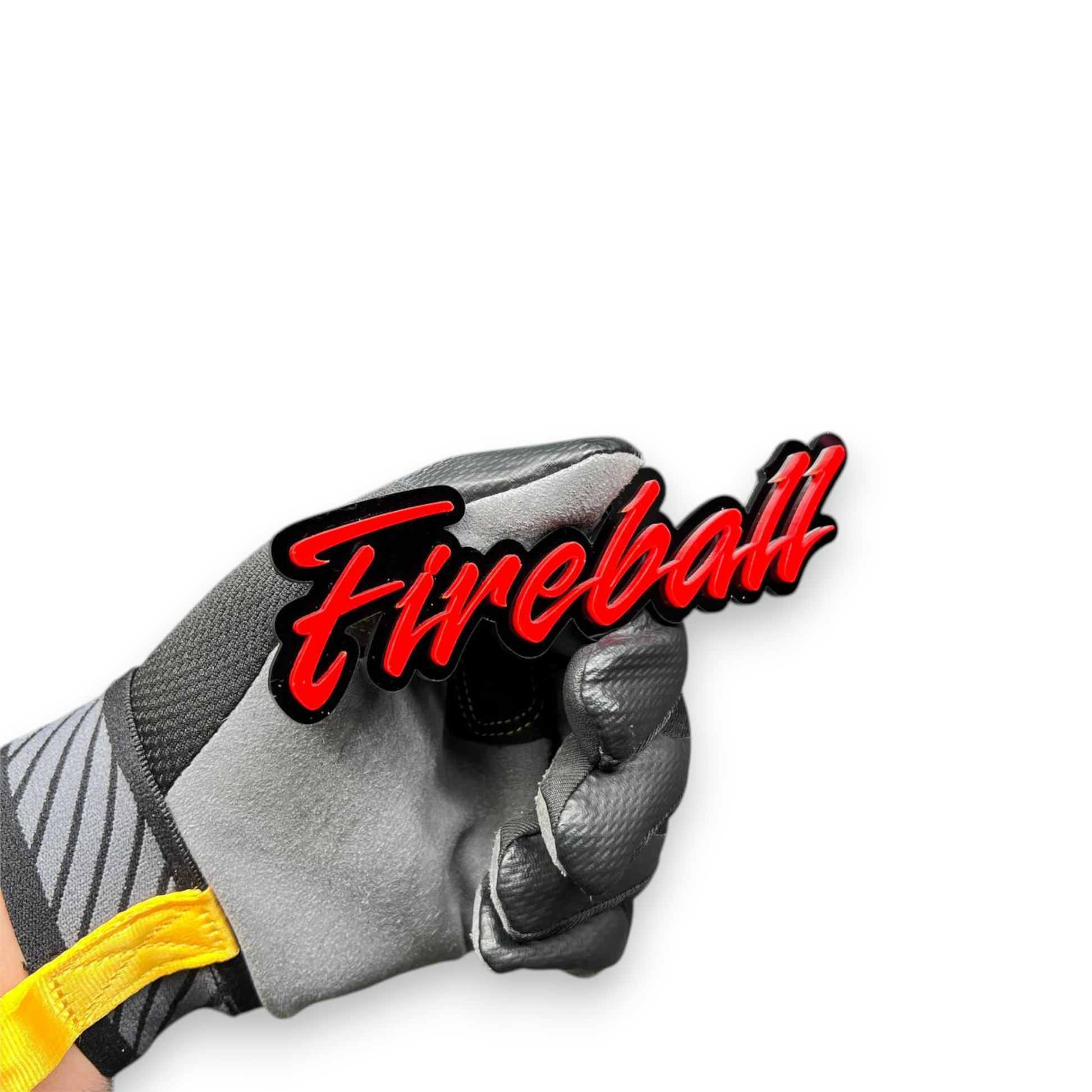 Custom Fireball car emblem with red mirrored acrylic and layered black backing