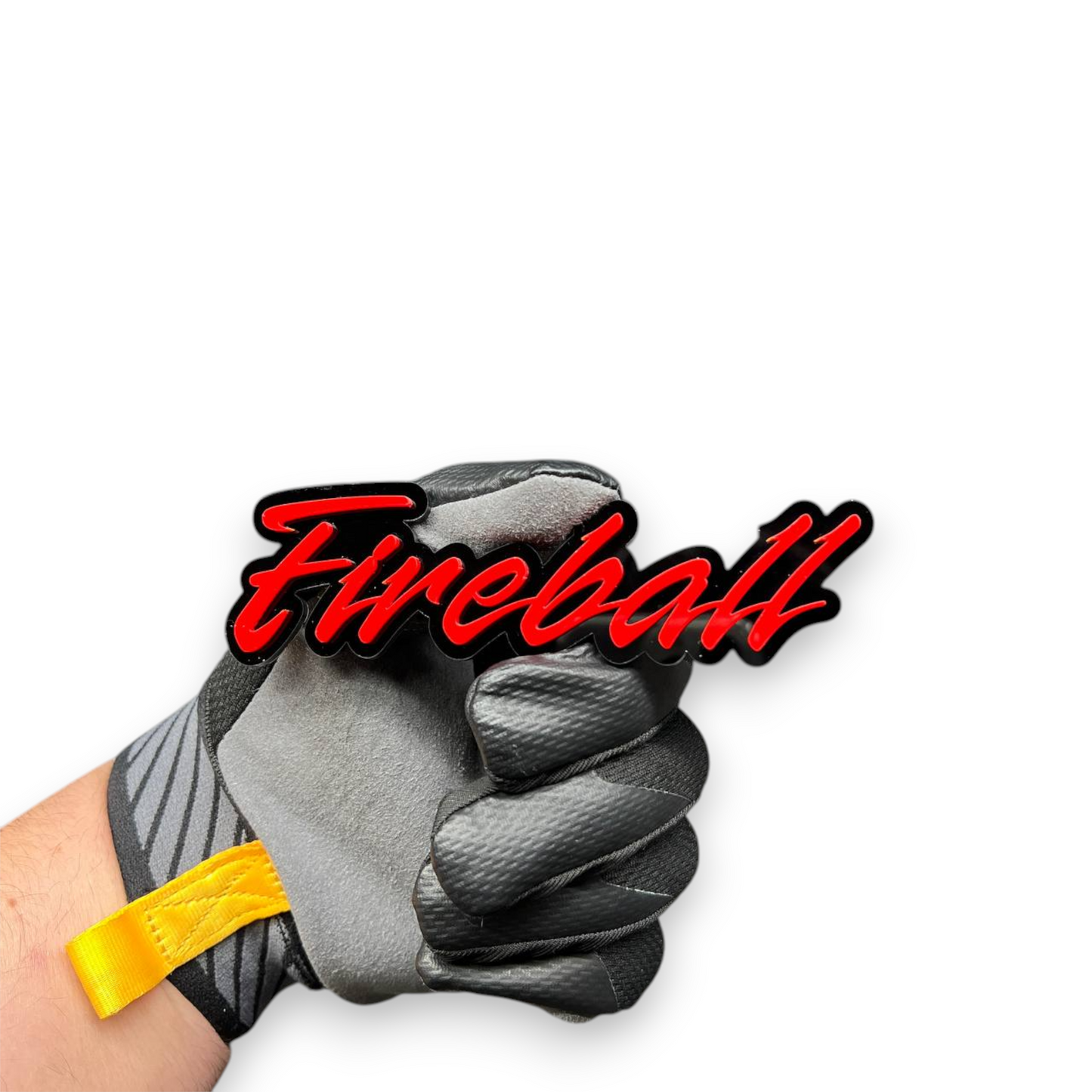 Fireball custom text badge made from durable acrylic with glossy finish and black outline