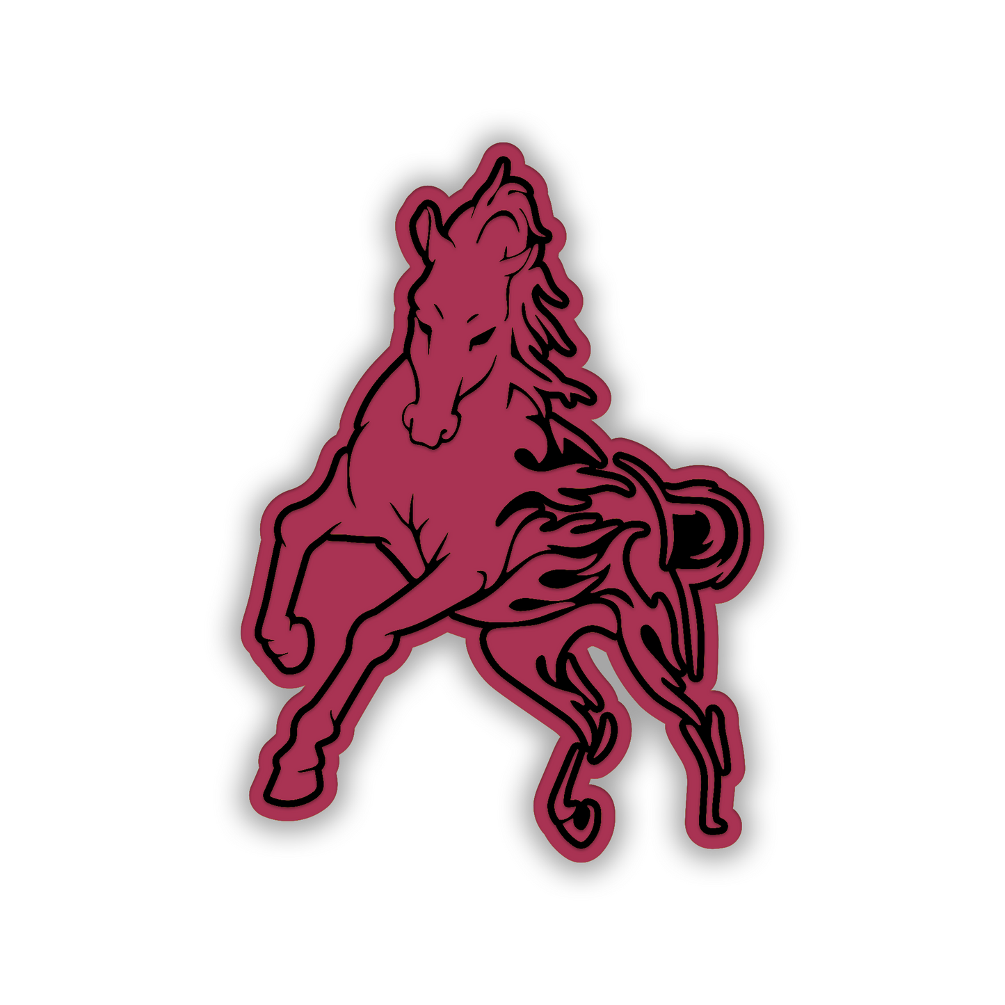Engraved Flame Horse automotive emblem with silver finish and black details