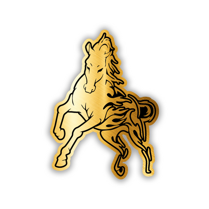 Silver engraved horse flame vehicle badge with black outlined artwork