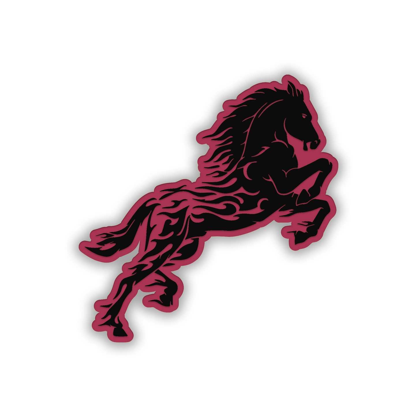 Custom horse flame fender emblem with engraved black and silver finish