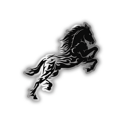 Engraved Flaming Horse car badge with black horse design and brushed silver finish