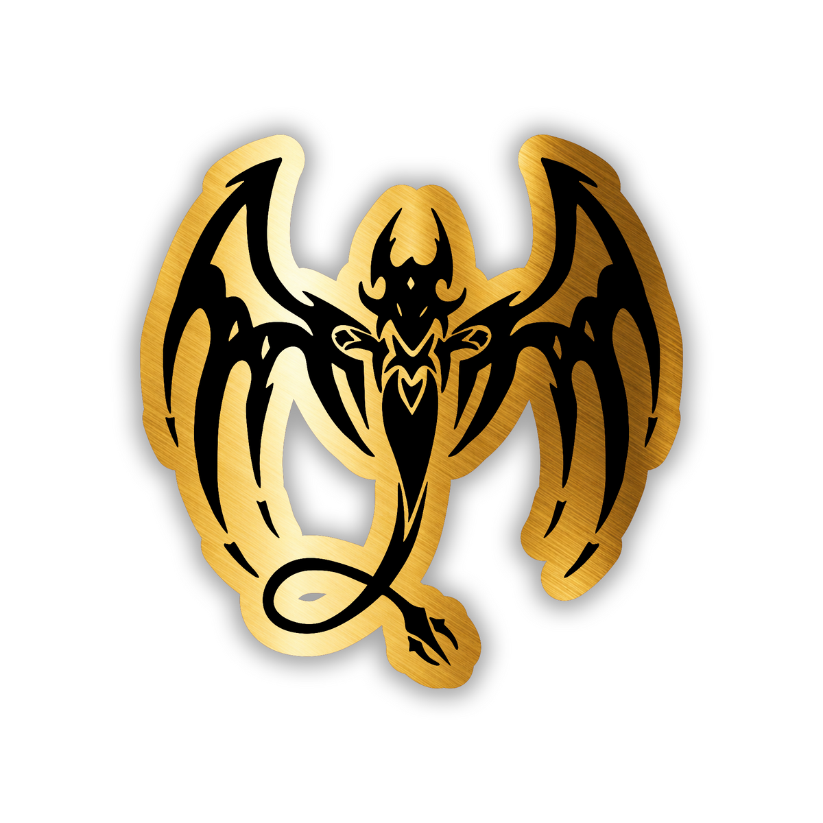 Winged devil car badge with black engraving on brushed silver finish