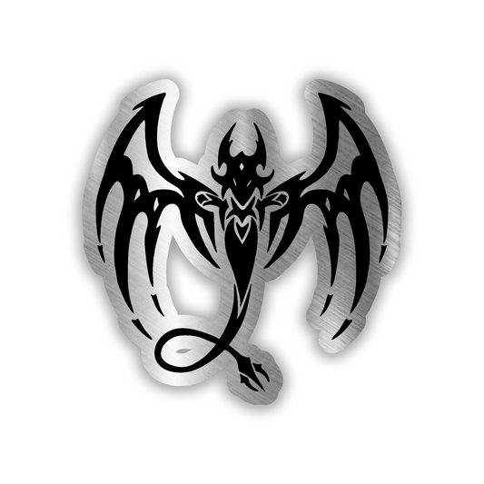 Flying Devil engraved car badge with silver finish and black winged devil design
