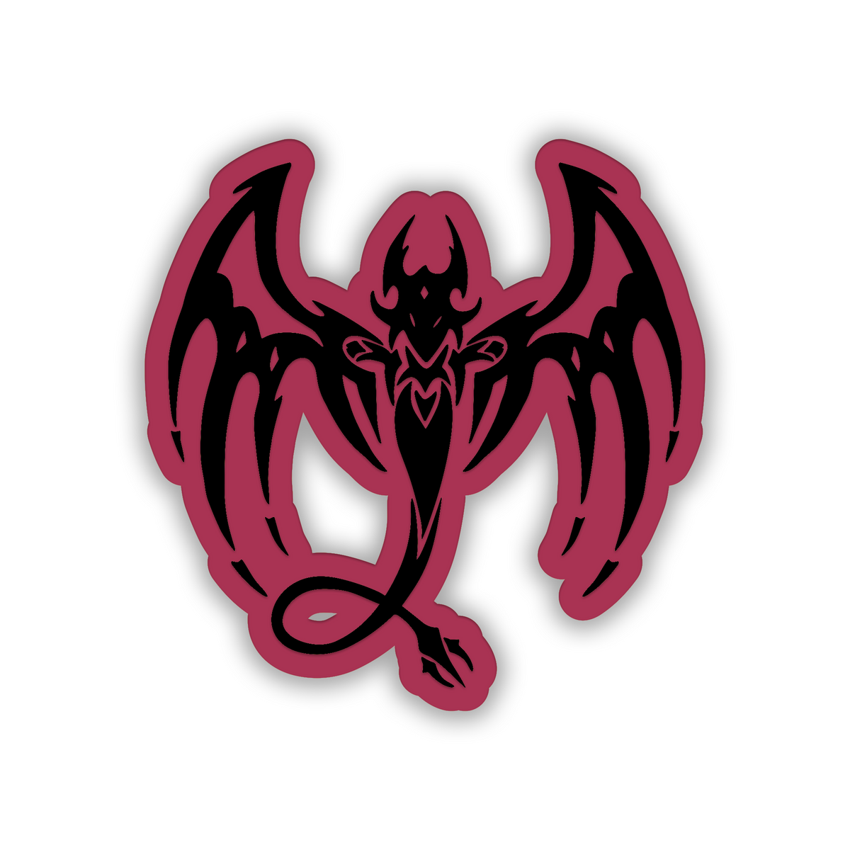 Flying demon automotive emblem with large wings and engraved black details