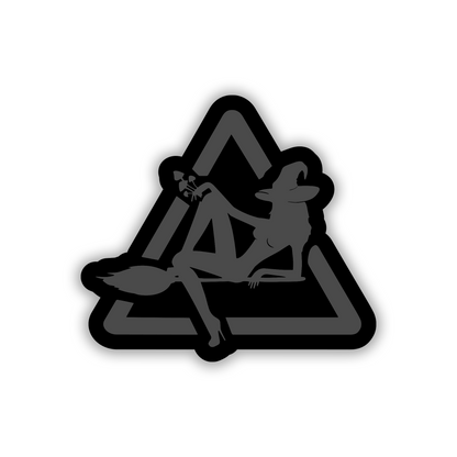 Witch on broomstick car fender emblem with engraved finish