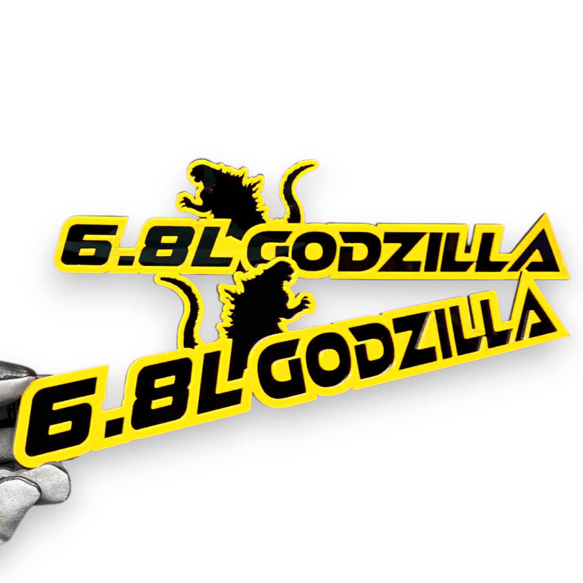 Custom 6.8L truck badge with aggressive dinosaur design