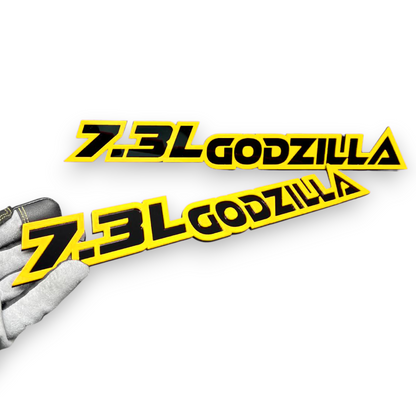 Ford 7.3 engine emblem with Godzilla dinosaur styling